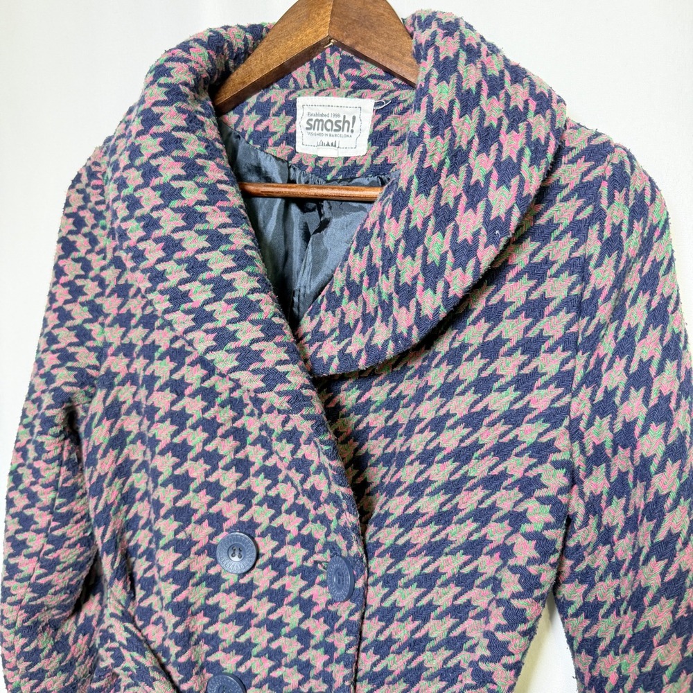 Smash Barcelona Womens Houndstooth Pea Coat Navy Pink Green Belted Size Medium